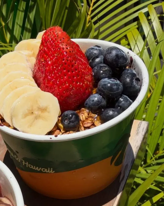Açaí bowl with a strawberry, banana and blueberries